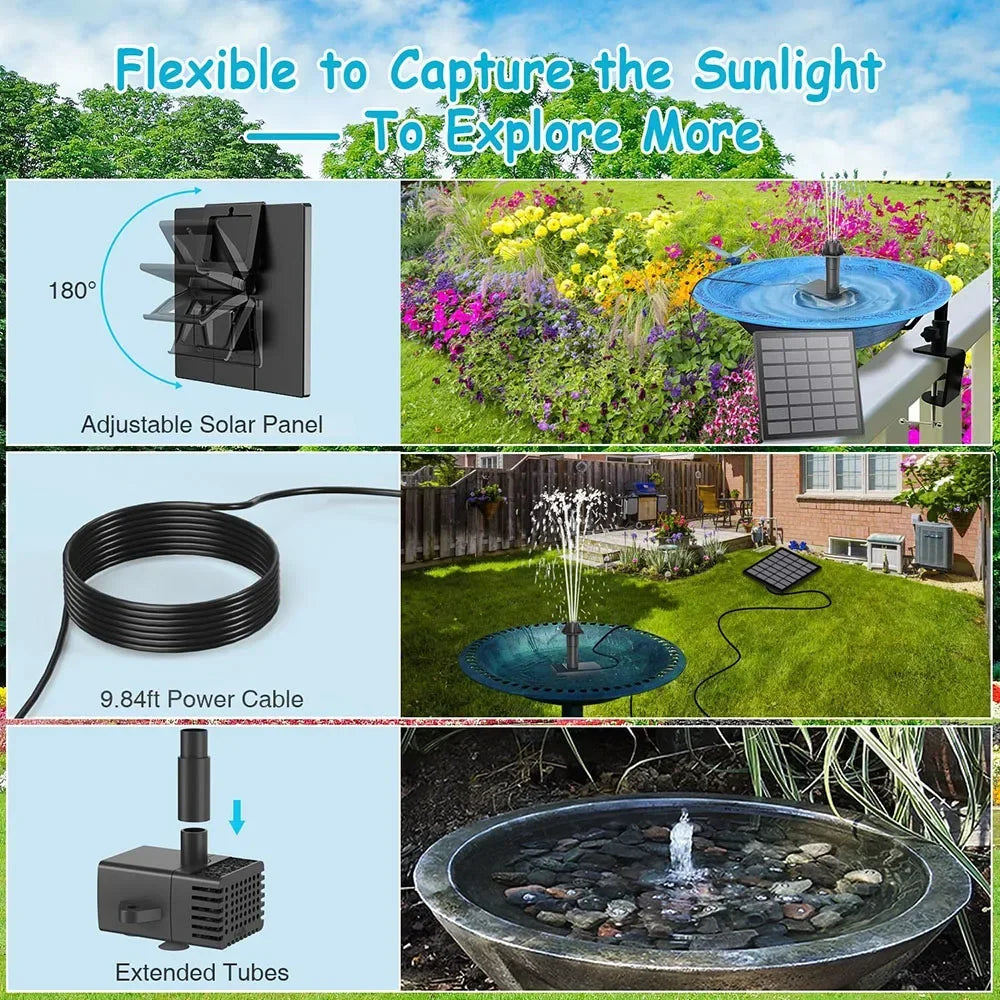 Solar Fountain Kits,1.8W Solar Panel Water Pumps,Solar Powered Bird Bath Fountain Pump with 9.84ft Cable,6 Nozzles for Garden