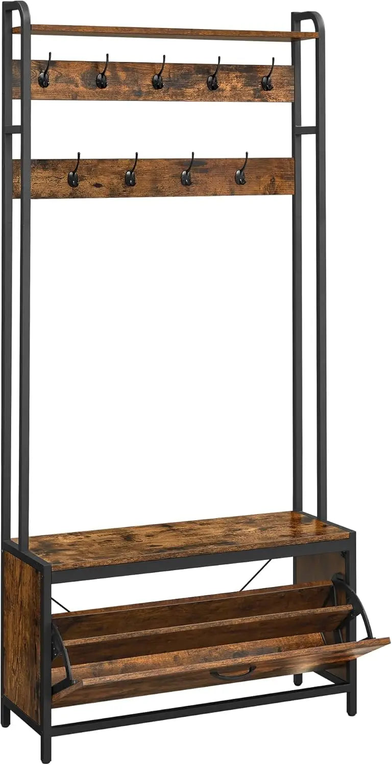VASAGLE coat rack with shoe cabinet, wardrobe with bench, dresses rack, shoe dump truck, 9 hooks