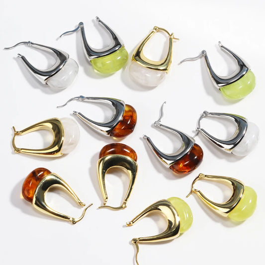 Colorful Transparent Resin Geometric Hoop Earrings for Women U Shape Ear Buckle Hoops with Natural Stone Charms Gifts