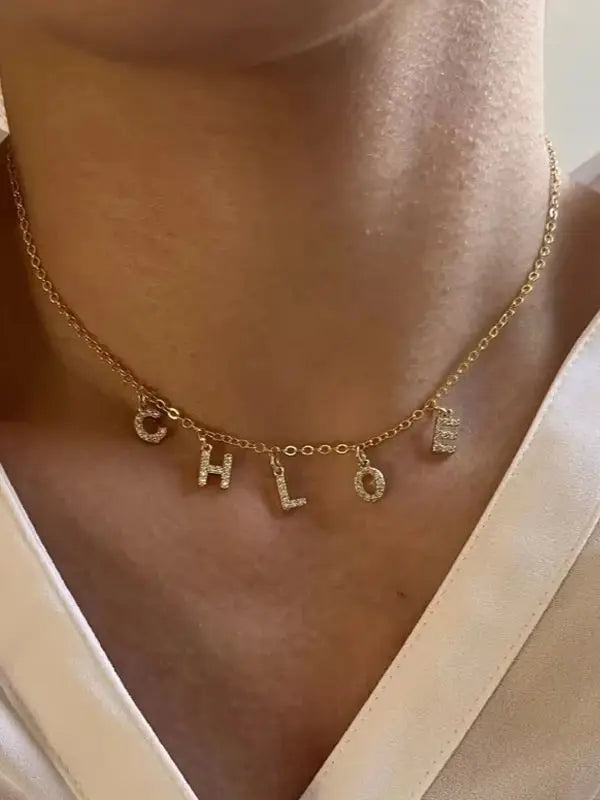 Customized Name Necklace Personalized Zircon 26 Capital Letter Stainless Steel Choker Necklace Pendant Nameplate Jewelry Gift