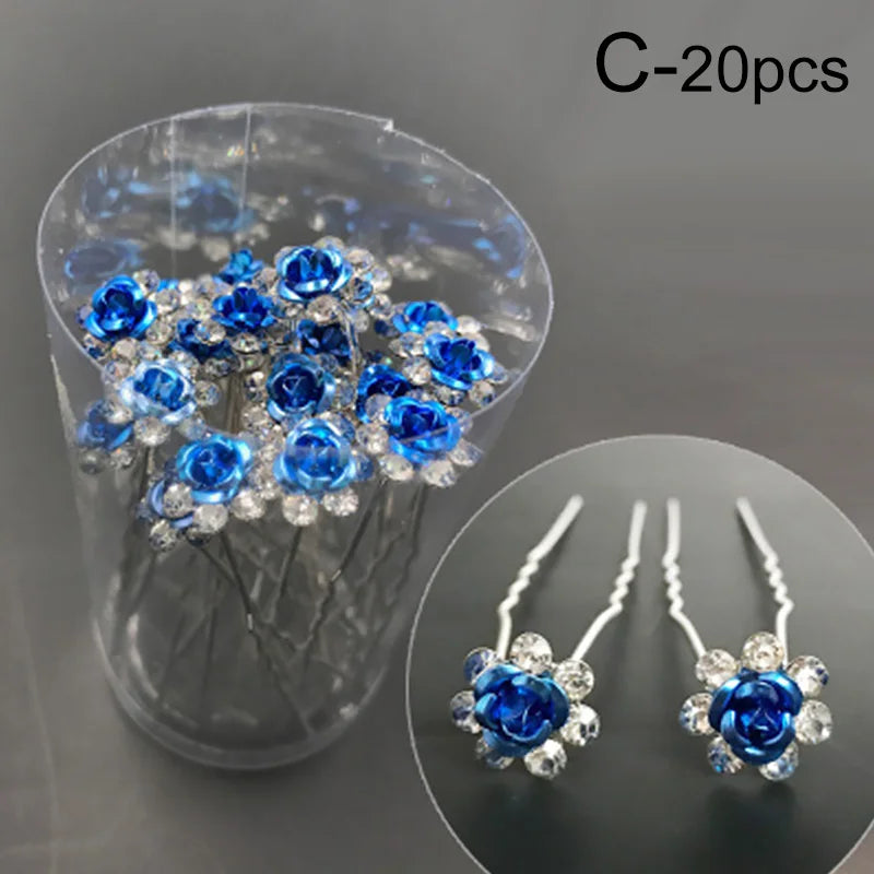 20pcs/lot Fashion U Shape Crystal Hair Fork Rhinestone Flower Hair Pin Sticks For Women Wedding Bridal Hair Accessories Jewelry
