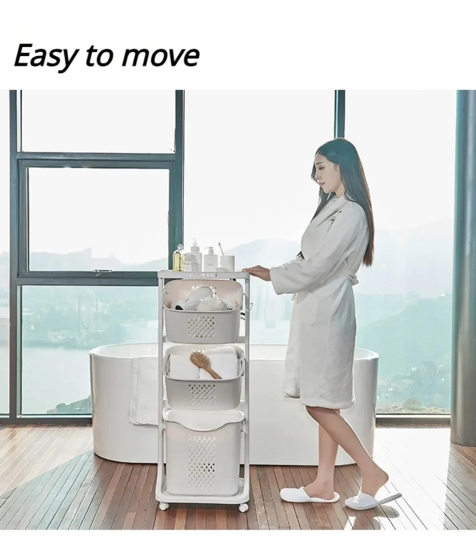 3-Tier Laundry Storage Basket Bathroom Dirty Clothes Storage Basket With Wheel Clothes Sorter Organizer Hamper Rack Rolling Cart