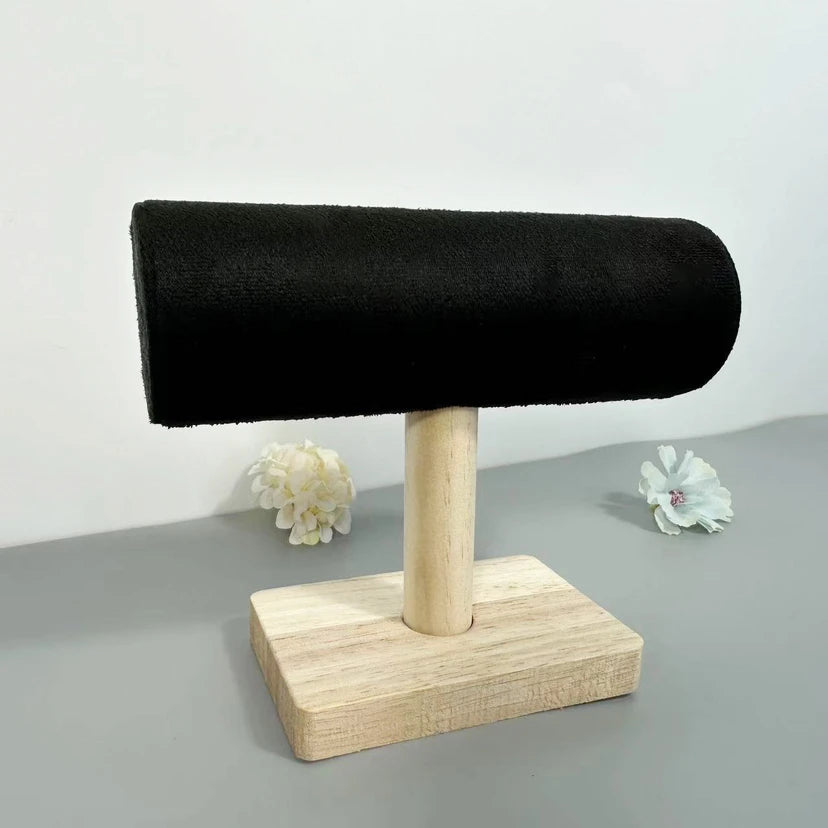 1pc Velvet Bracelet Display Stand With Wooden Base Bangle Necklace Hairbands Watches Jewelry Storage Rack Counter Showcase Props