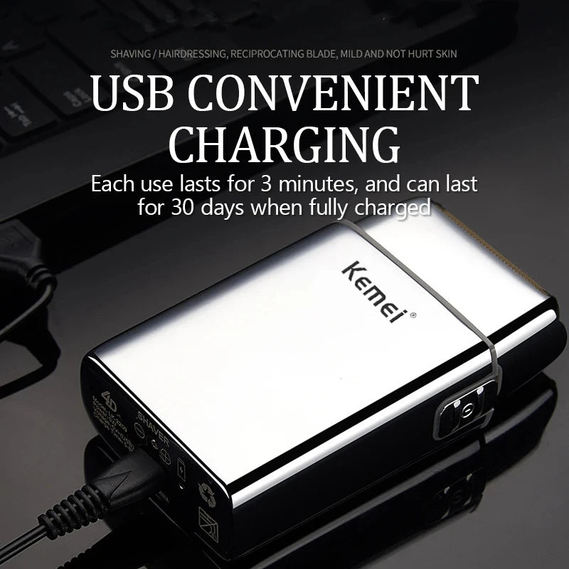 Kemei KM-TX5 Premium Chargeable Battery Type Silver Shaver Double Net Aluminum Alloy Reciprocating Electric Shaver