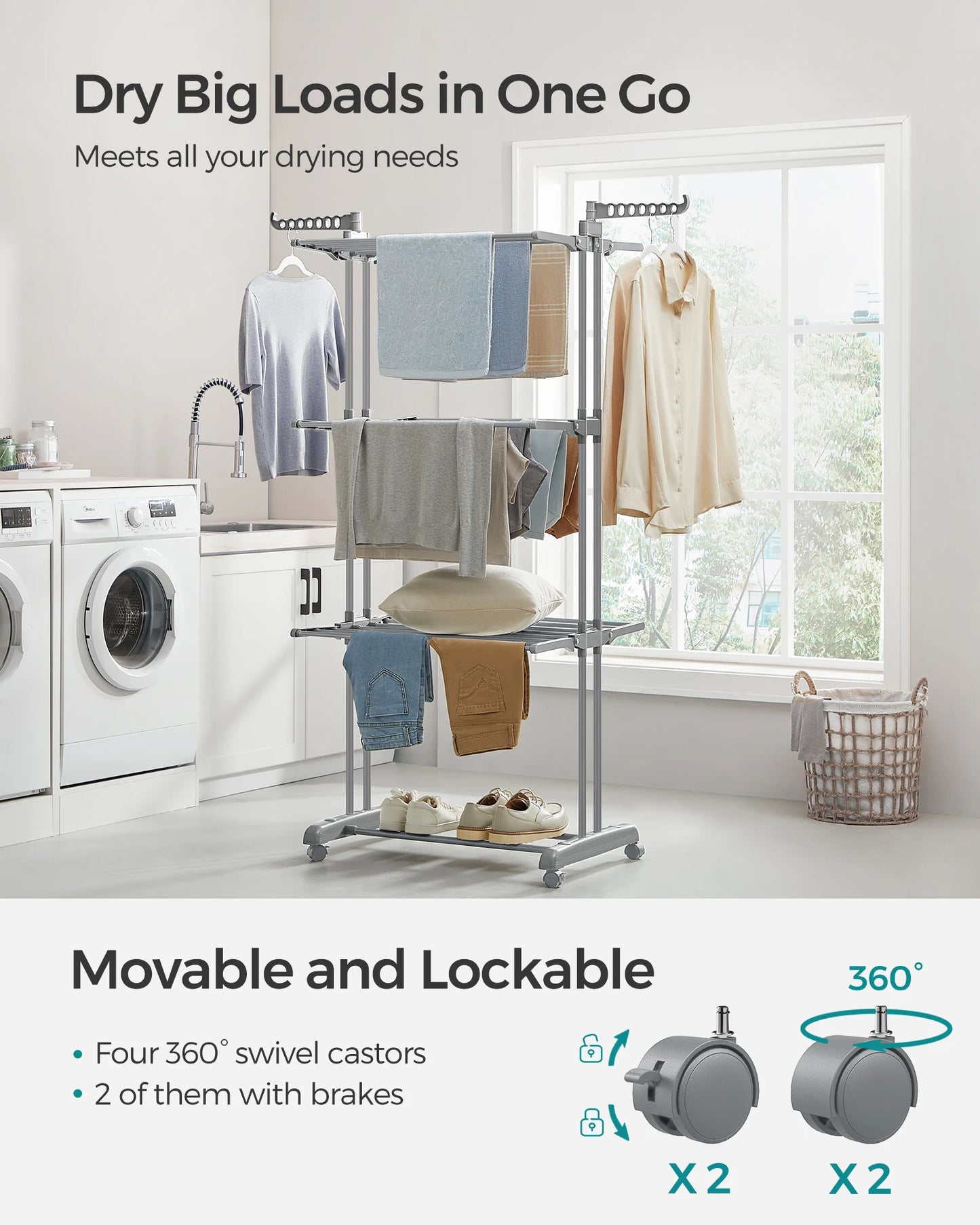 SONGMICS Large Clothes Airer, Foldable Clothes Drying Rack Laundry 4-Tier, Moveable Clothes Horse, 64 x 126 x 172 cm