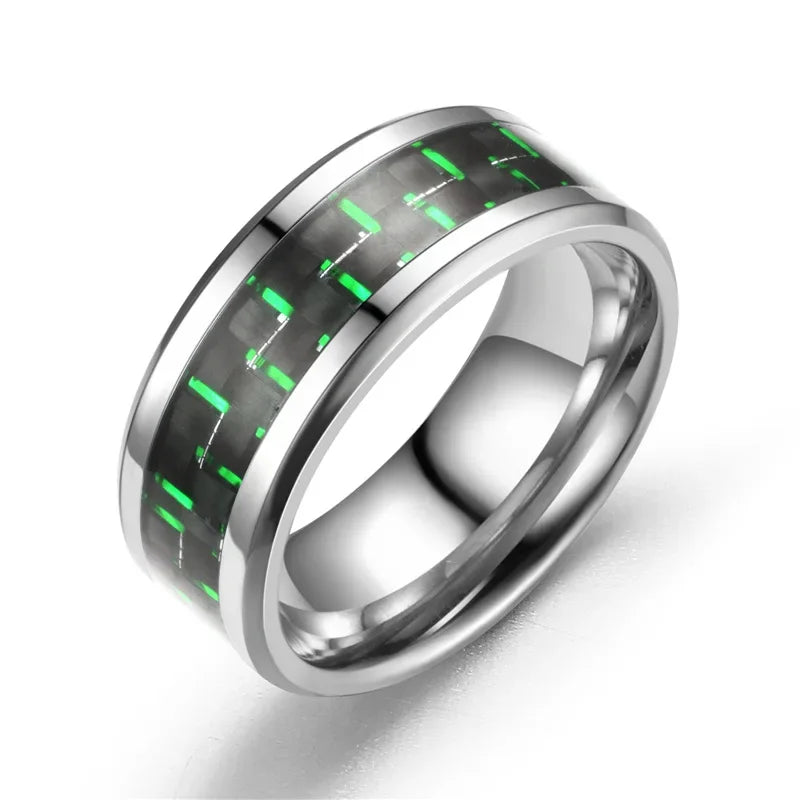 8MM Stainless Steel Black Carbon Fiber Rings Fashion Red Blue Ring Anel Masculino Men Women Cool Charm Jewelry Gifts Wholesale