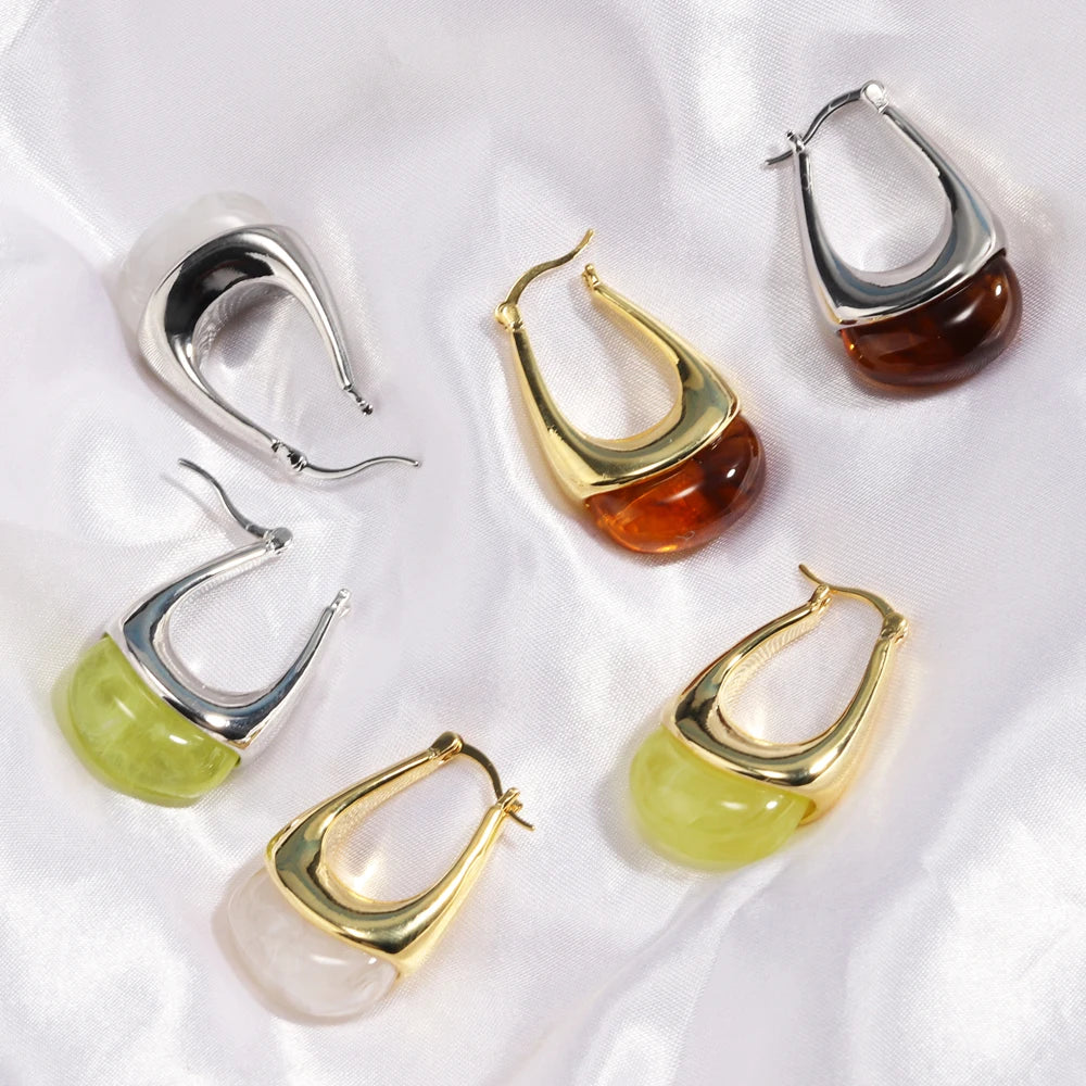 Colorful Transparent Resin Geometric Hoop Earrings for Women U Shape Ear Buckle Hoops with Natural Stone Charms Gifts