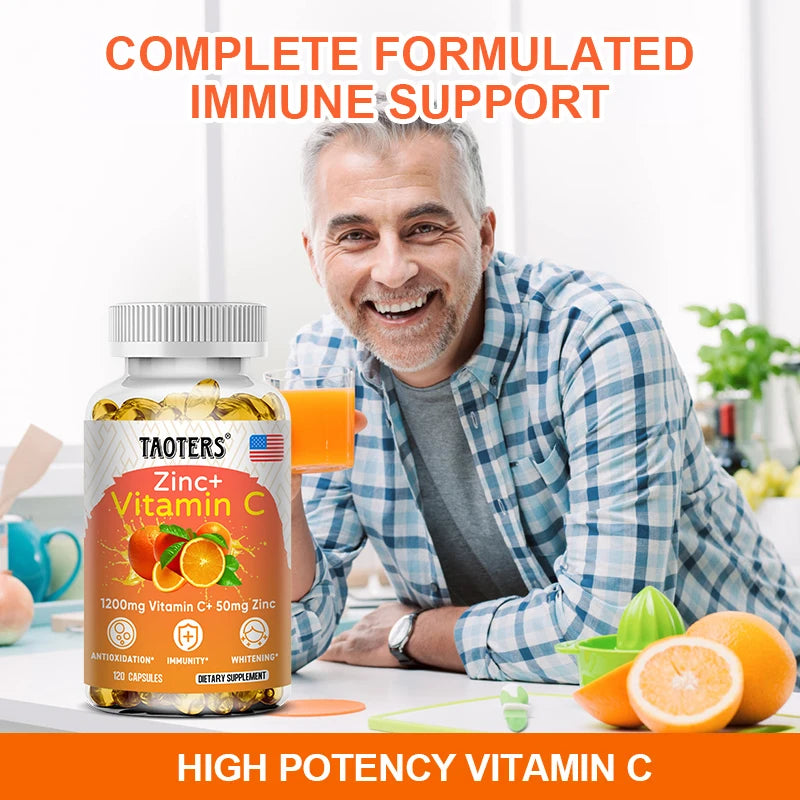 1200 Mg Vitamin C Capsules - with Zinc - Immune System and Collagen Booster, Non-GMO and Gluten-Free Vegetarian