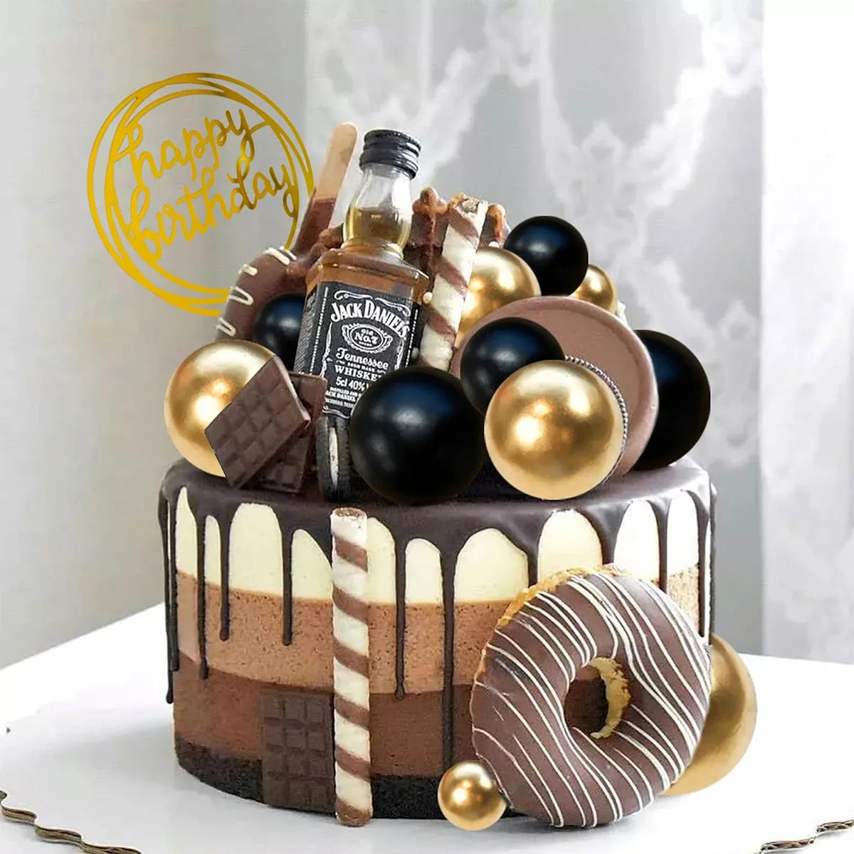 27pcs Pearl Balls Cake Topper Happy Birthday Cake Insert Pick DIYPile Up Insert for  Birthday Party Cake Decoration (Black Gold)