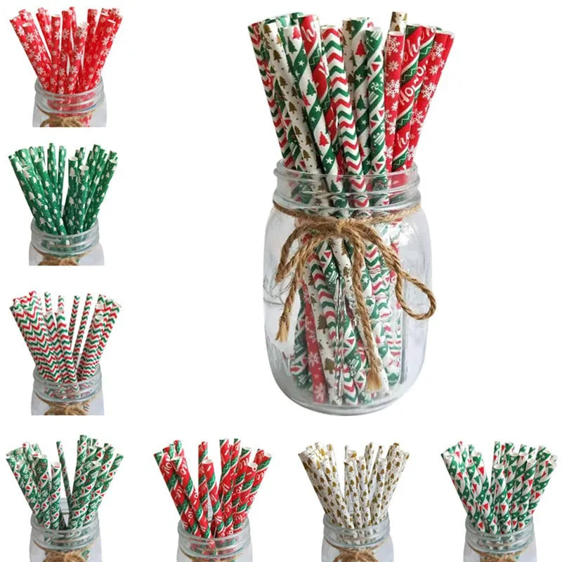 25Pcs Paper Straws Drinking  Striped  Christmas Wedding Happy Birthday Party Cake Straw Decoration Supplies Milk