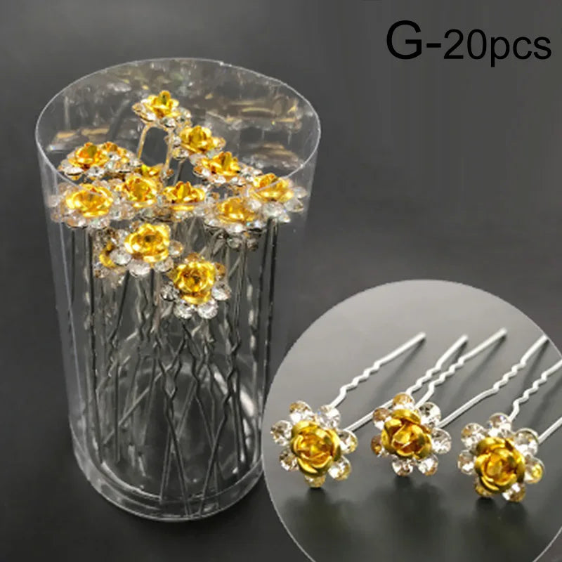 20pcs/lot Fashion U Shape Crystal Hair Fork Rhinestone Flower Hair Pin Sticks For Women Wedding Bridal Hair Accessories Jewelry
