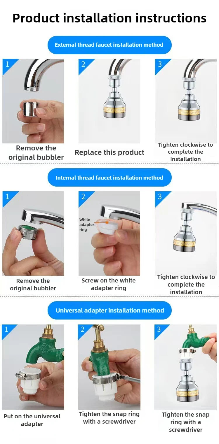 Three Levels Adjustable Brass Kitchen Faucet Aerator Extender Water Saving Anti Splash Stainless Steel Bathroom Accessories