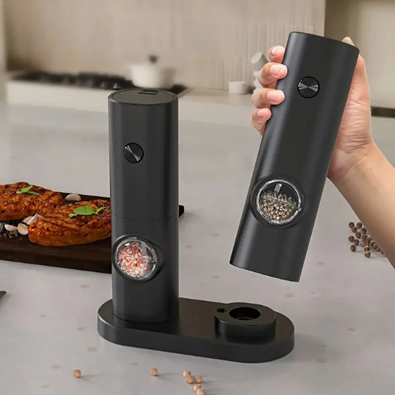 Electric Pepper And Salt Grinder Set Battery Powered With Stylish Base Automatic Pepper Grinder LED Light  Adjustable Thickness