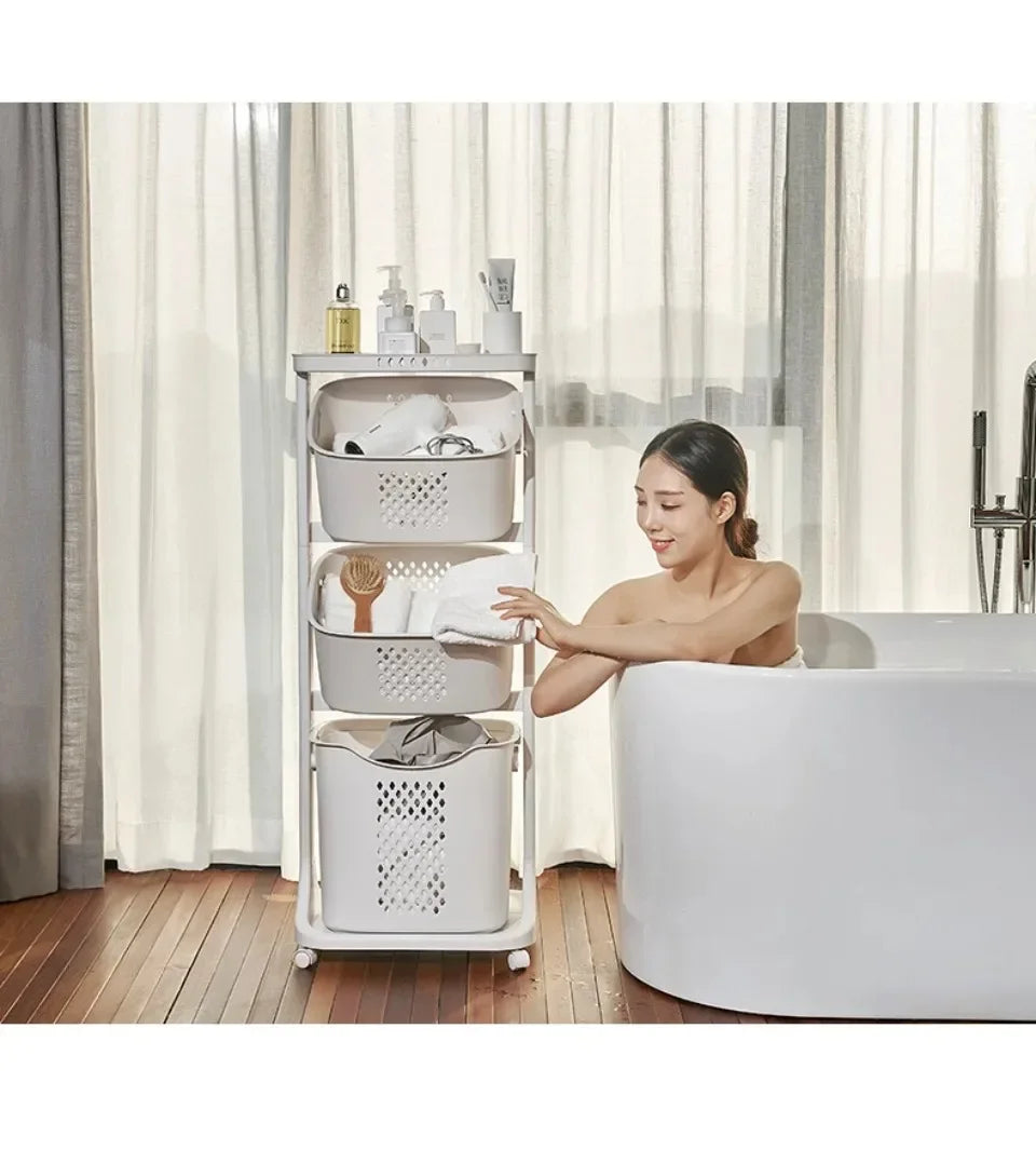 3-Tier Laundry Storage Basket Bathroom Dirty Clothes Storage Basket With Wheel Clothes Sorter Organizer Hamper Rack Rolling Cart