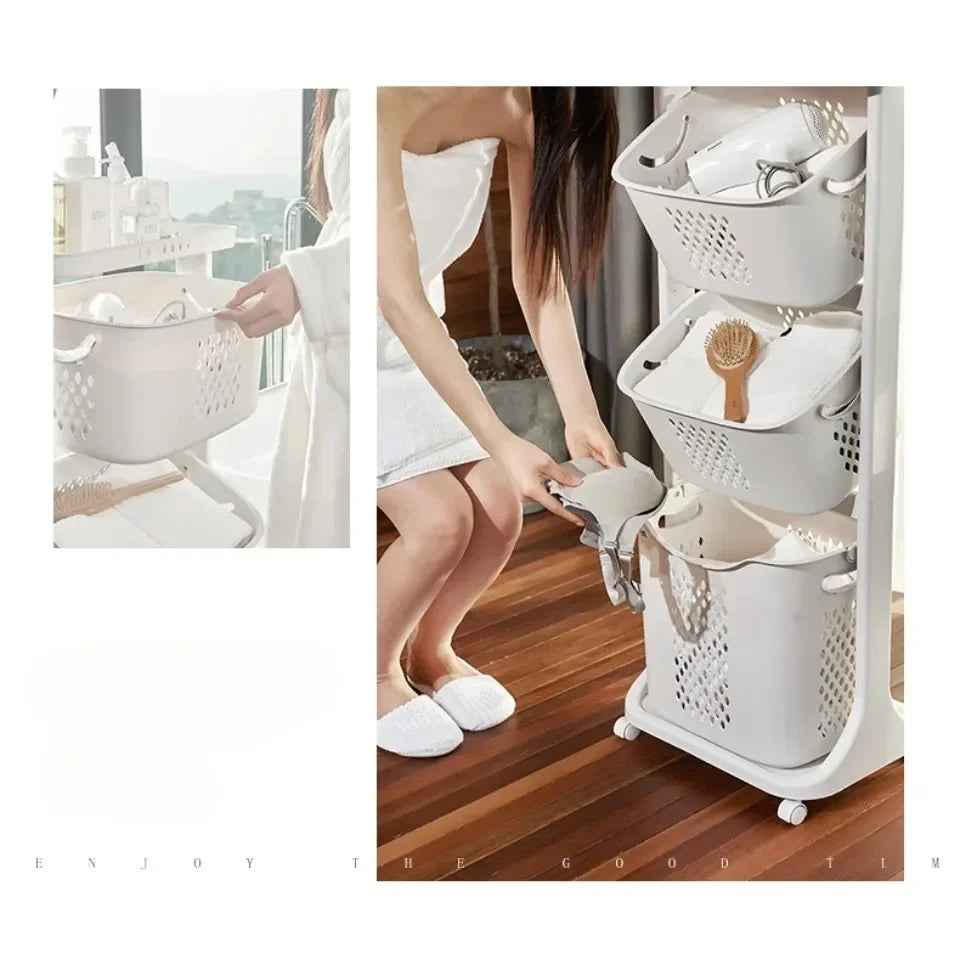 3-Tier Laundry Storage Basket Bathroom Dirty Clothes Storage Basket With Wheel Clothes Sorter Organizer Hamper Rack Rolling Cart