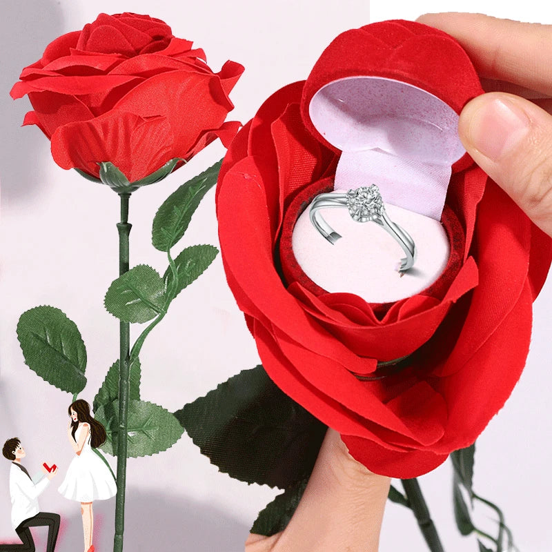 Romantic Rose Flower Ring Boxes Red Velvet Rose Earring Display Holder Gift Box Bridal Wedding Engagement Jewelry Storage Case