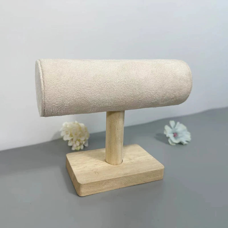1pc Velvet Bracelet Display Stand With Wooden Base Bangle Necklace Hairbands Watches Jewelry Storage Rack Counter Showcase Props