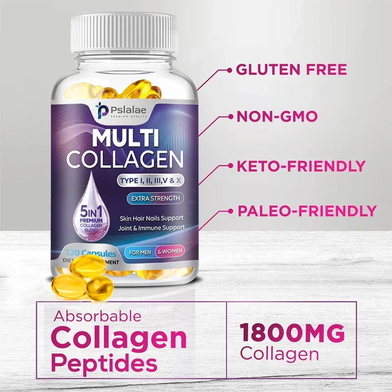 Multiple Collagen Complex - Types I, II, III, V, and X - Hair, Skin, Nail, Bones, Joint Health Support