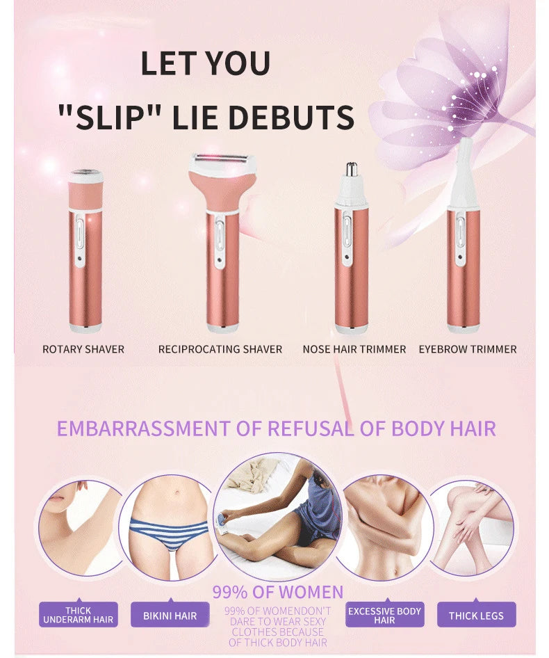 4 in 1 Body Hair Removal Epilator Armpit Hair Bikini Hair Leg Hair Pubic Hair Electric Razor Clipper Shaver Trimmer Women