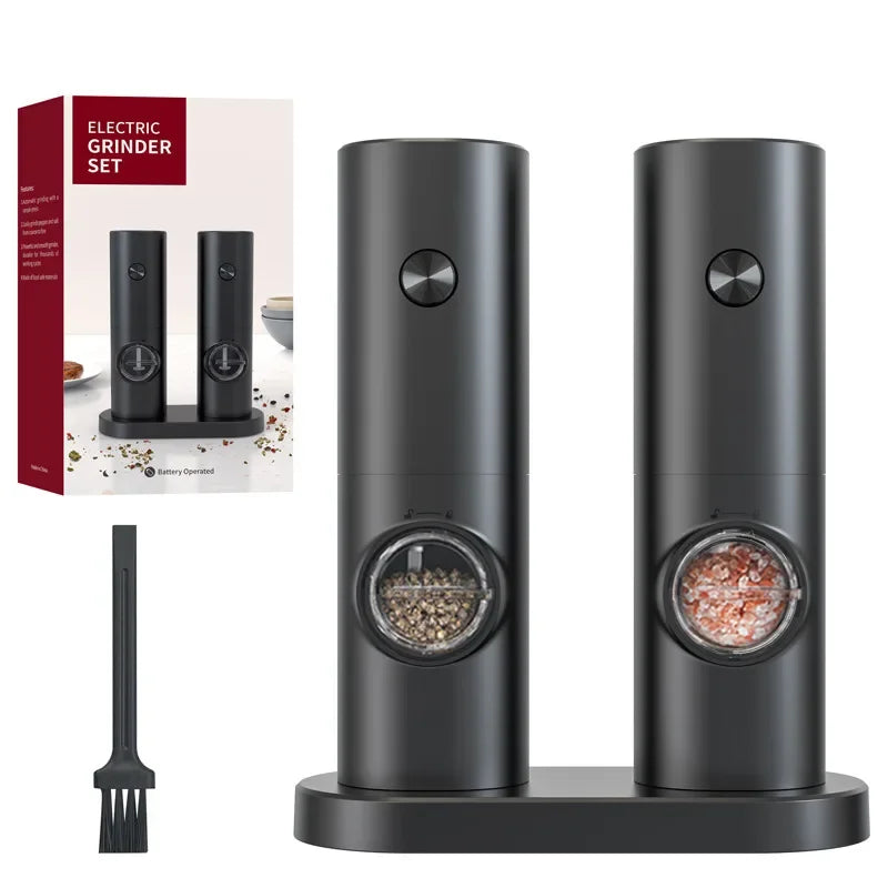 Electric Pepper And Salt Grinder Set Battery Powered With Stylish Base Automatic Pepper Grinder LED Light  Adjustable Thickness