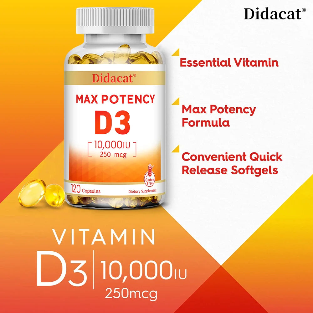 Vitamin D3 10,000 IU - Strong Bones, Heart, Immune Support - Non-GMO, Gluten-Free Supplement