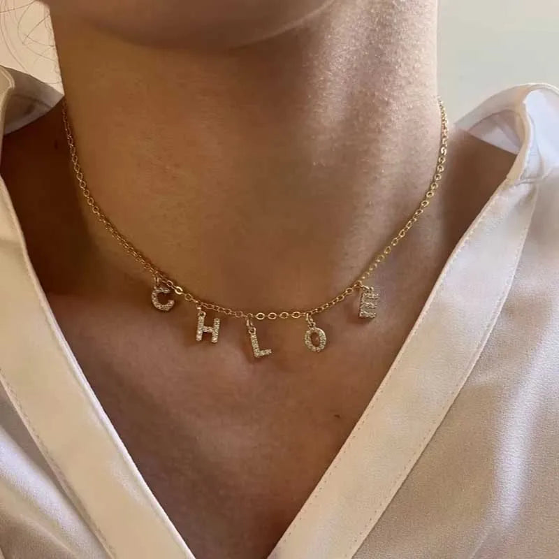 Customized Name Necklace Personalized Zircon 26 Capital Letter Stainless Steel Choker Necklace Pendant Nameplate Jewelry Gift