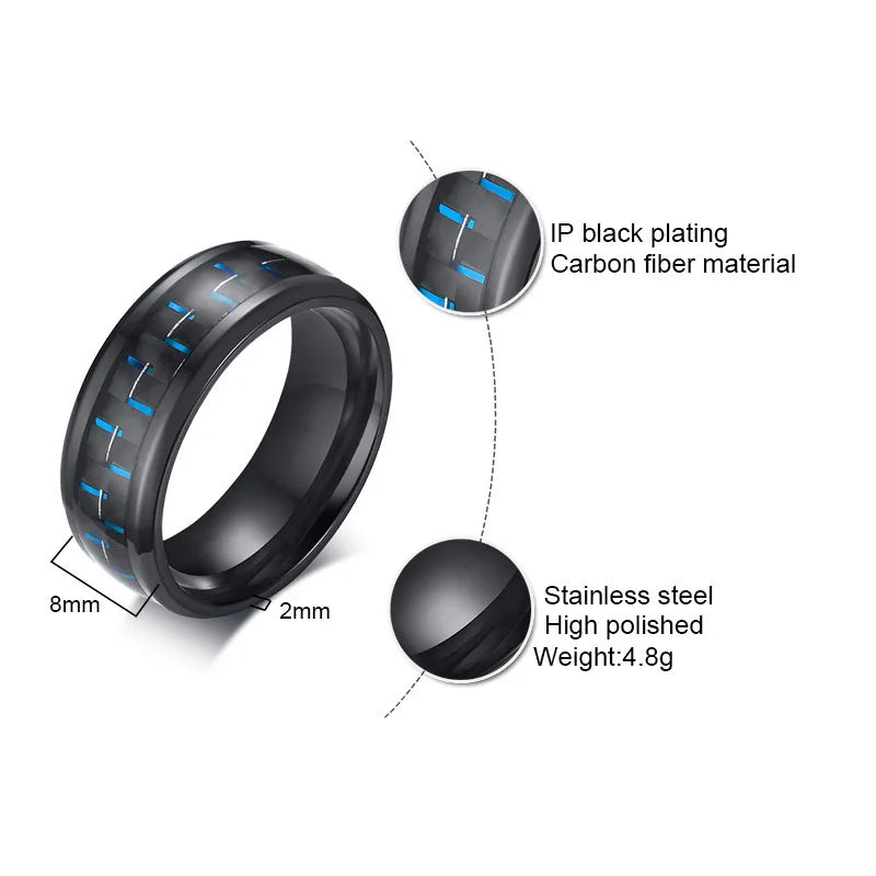 8MM Stainless Steel Black Carbon Fiber Rings Fashion Red Blue Ring Anel Masculino Men Women Cool Charm Jewelry Gifts Wholesale