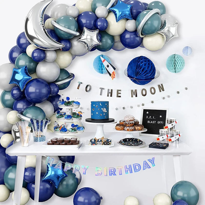 124PCS Outer Space 1st Birthday Moon Star Foil Balloon Arch for Boy Kids Astronaut UFO Themed First Trip Birthday Party Supplies
