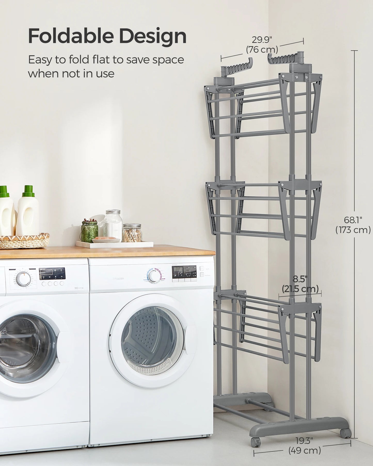 SONGMICS Large Clothes Airer, Foldable Clothes Drying Rack Laundry 4-Tier, Moveable Clothes Horse, 64 x 126 x 172 cm