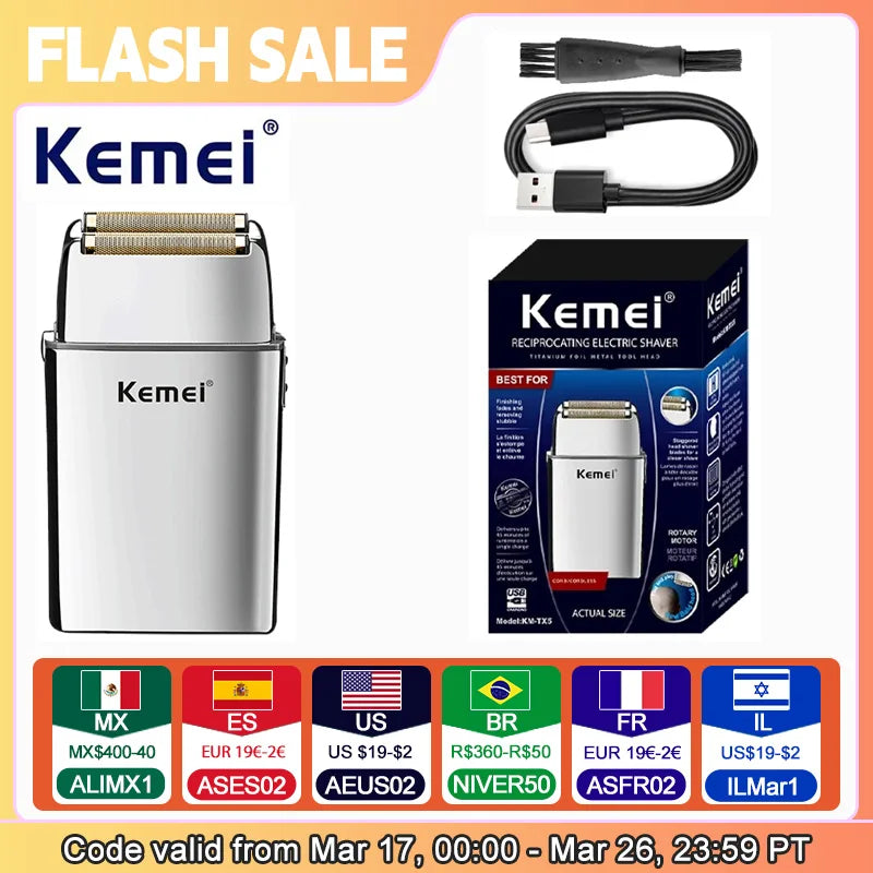 Kemei KM-TX5 Premium Chargeable Battery Type Silver Shaver Double Net Aluminum Alloy Reciprocating Electric Shaver