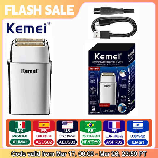 Kemei KM-TX5 Premium Chargeable Battery Type Silver Shaver Double Net Aluminum Alloy Reciprocating Electric Shaver