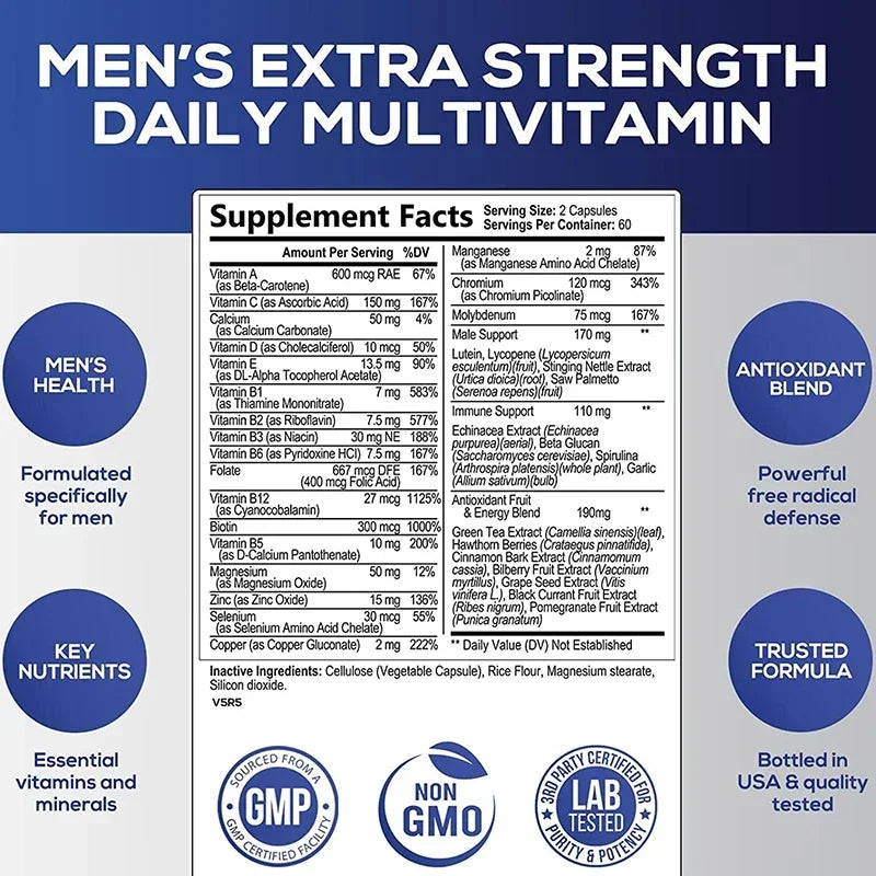 Men's Daily Multivitamin Supplement - Supports Brain and Immune Health, Boosts Energy, Relieves Anxiety, Improves Endurance
