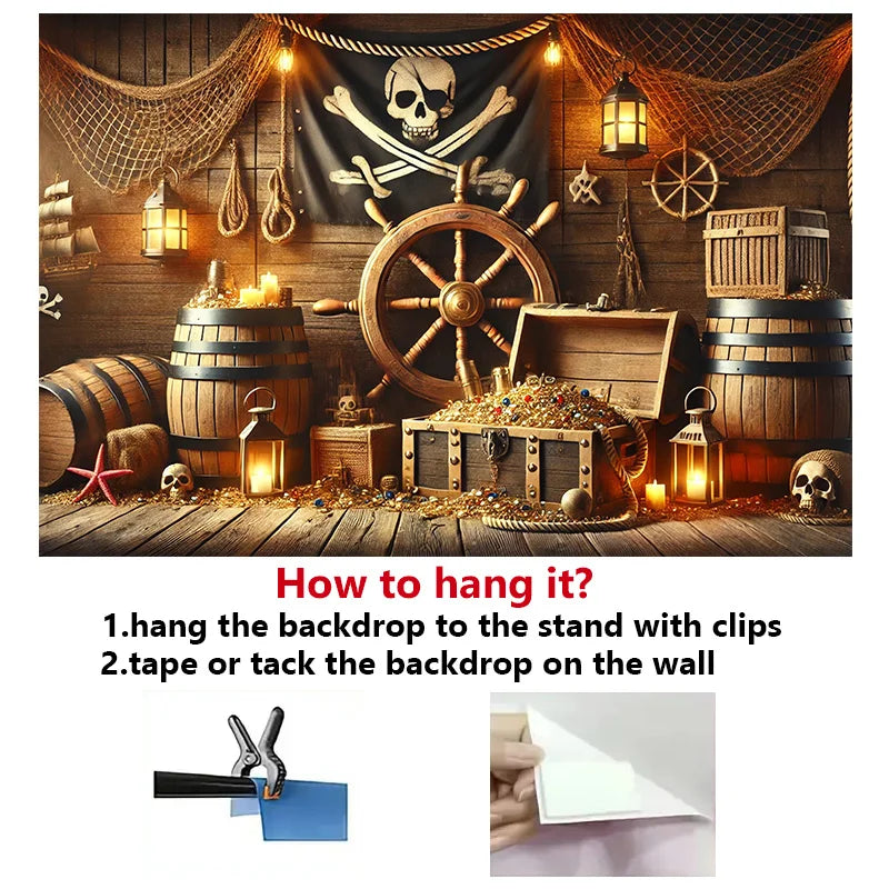 Pirate themed treasure room background, suitable for use as living room, bedroom, office, outdoor space, photography props