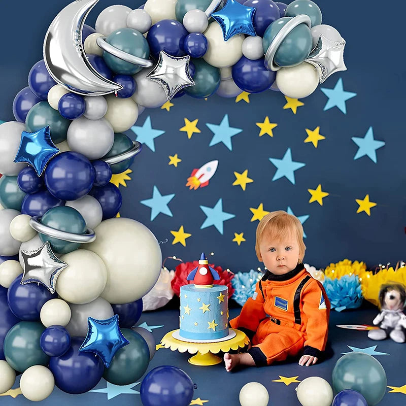 124PCS Outer Space 1st Birthday Moon Star Foil Balloon Arch for Boy Kids Astronaut UFO Themed First Trip Birthday Party Supplies