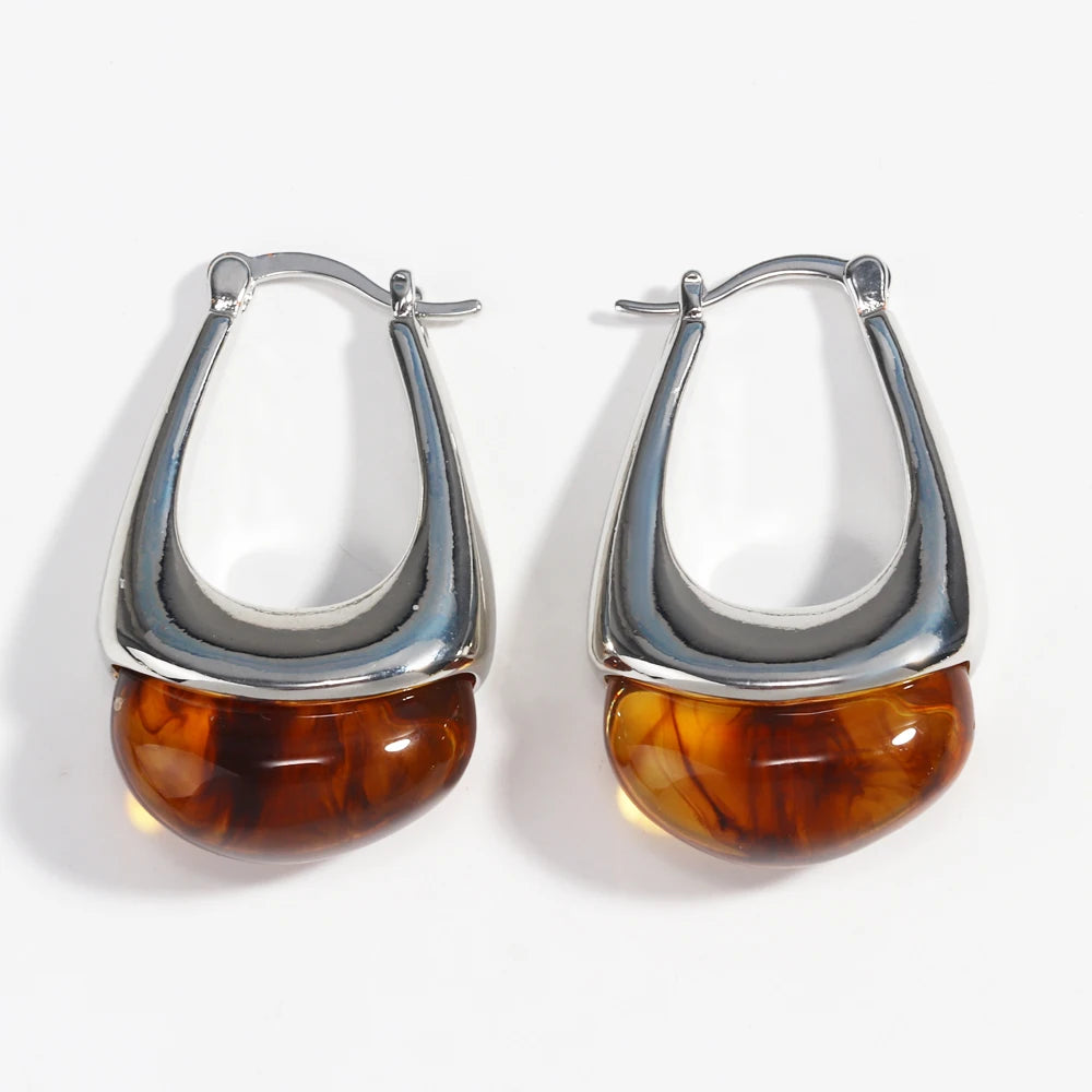 Colorful Transparent Resin Geometric Hoop Earrings for Women U Shape Ear Buckle Hoops with Natural Stone Charms Gifts