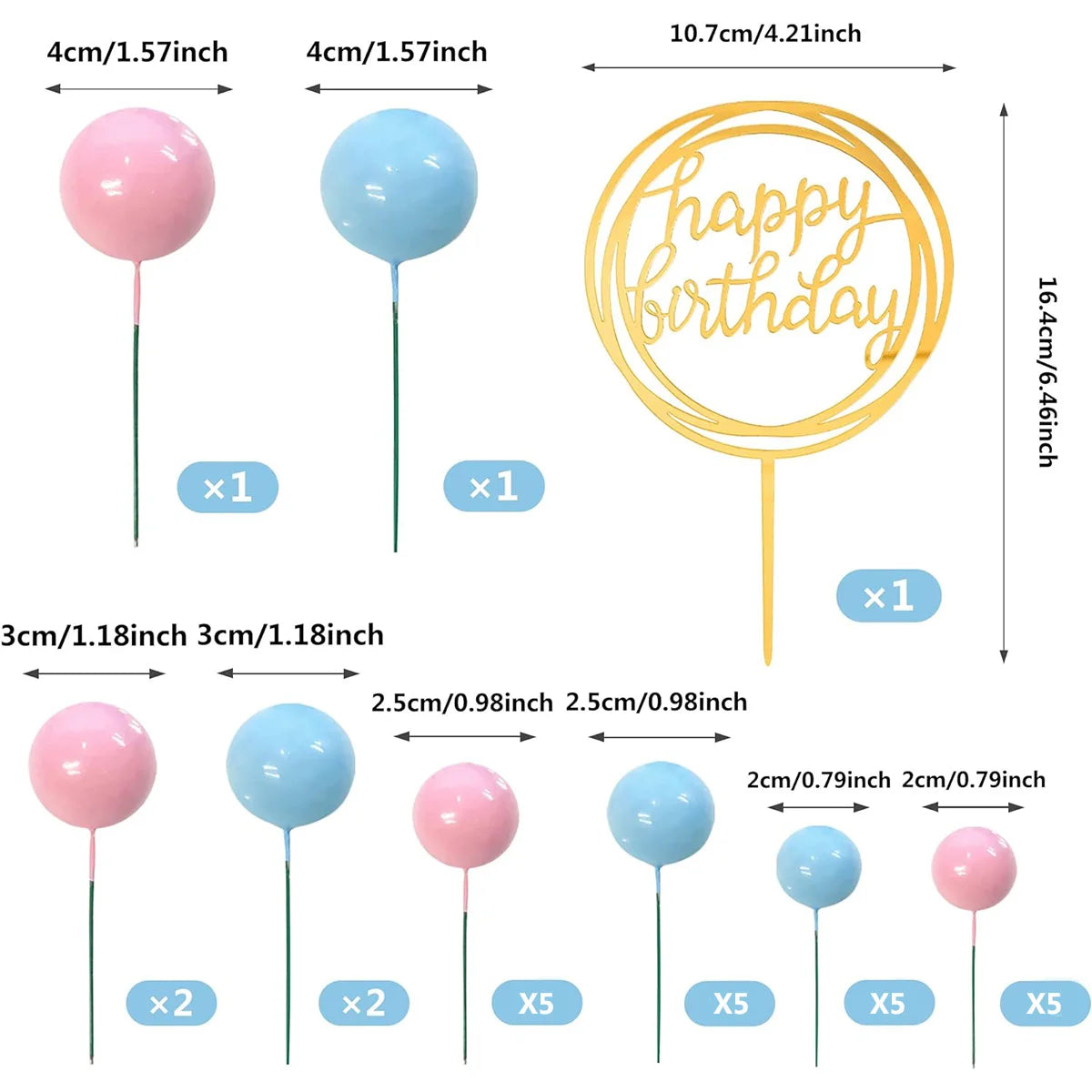 27pcs Pearl Balls Cake Topper Happy Birthday Cake Insert Pick DIYPile Up Insert for  Birthday Party Cake Decoration (Black Gold)