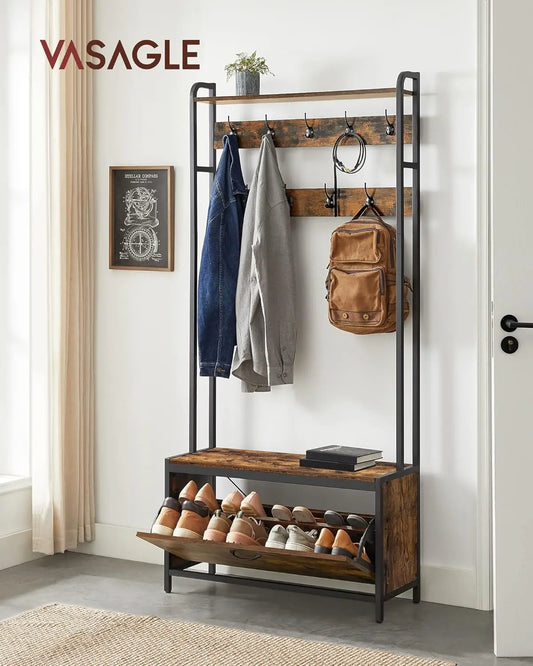 VASAGLE coat rack with shoe cabinet, wardrobe with bench, dresses rack, shoe dump truck, 9 hooks
