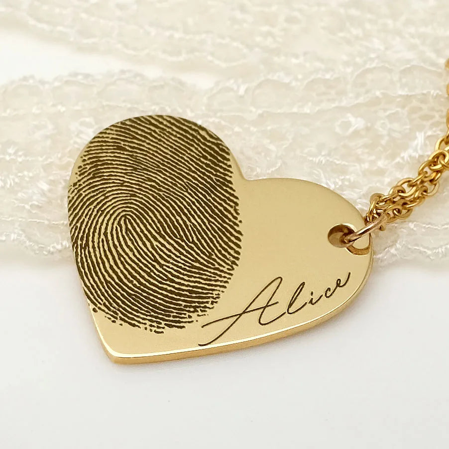Personalized Fingerprint Necklace Engraved Fingerprint Handwriting Jewelry Heart Pendant Custom Memorial Necklace Gift For Her