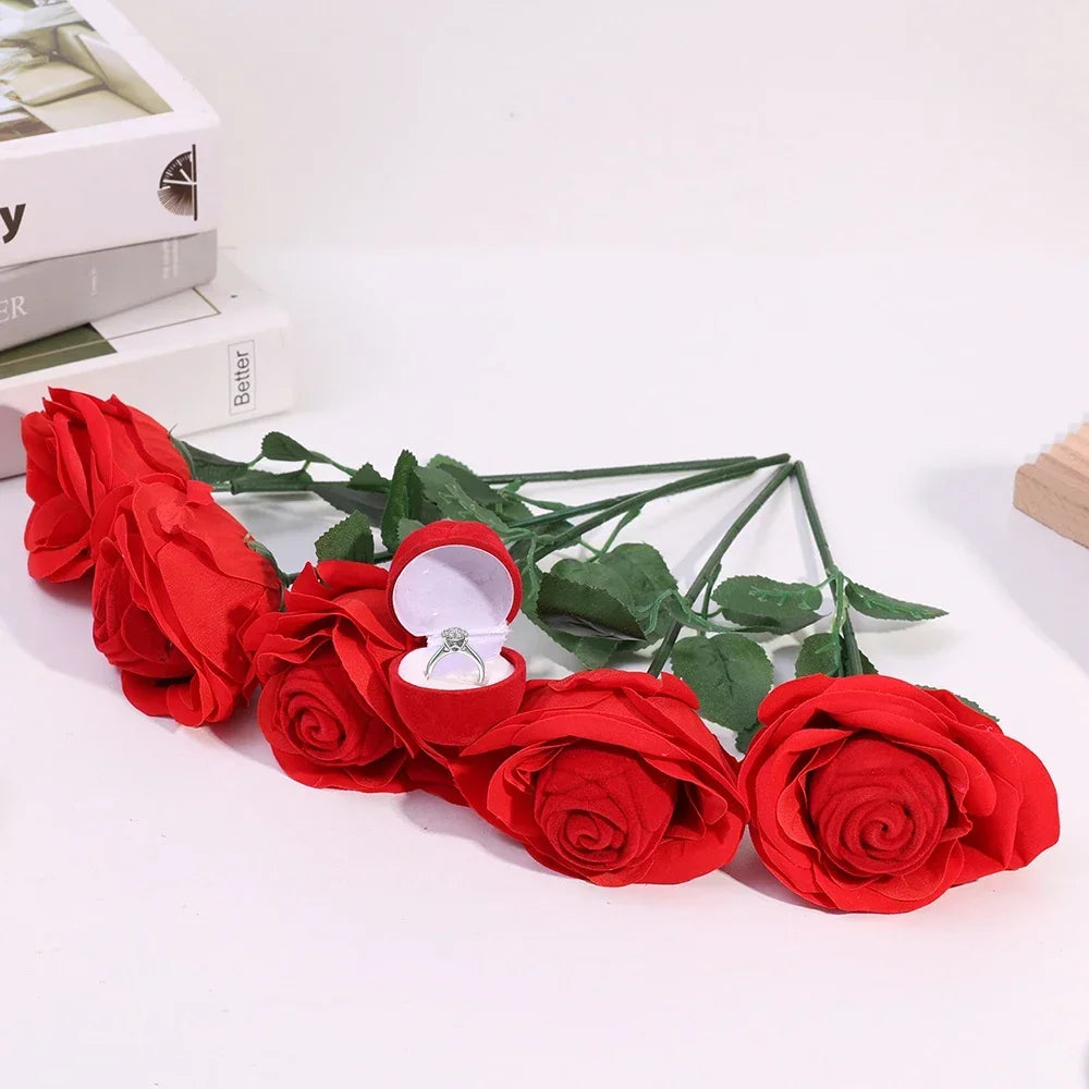 Romantic Rose Flower Ring Boxes Red Velvet Rose Earring Display Holder Gift Box Bridal Wedding Engagement Jewelry Storage Case