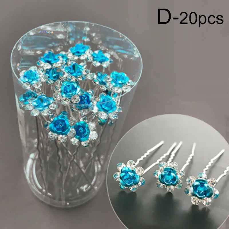 20pcs/lot Fashion U Shape Crystal Hair Fork Rhinestone Flower Hair Pin Sticks For Women Wedding Bridal Hair Accessories Jewelry