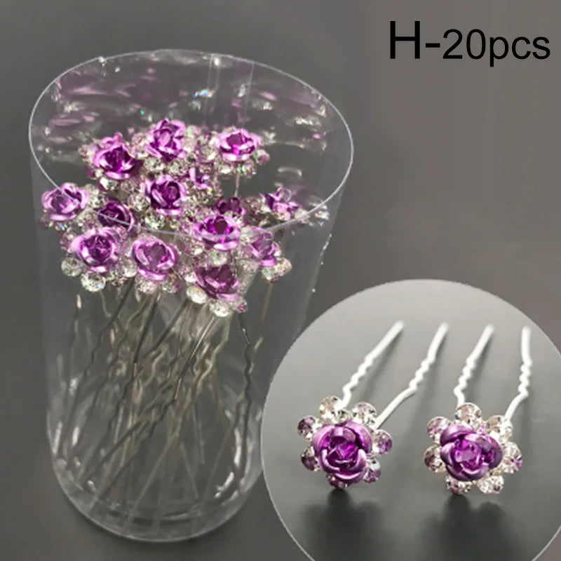 20pcs/lot Fashion U Shape Crystal Hair Fork Rhinestone Flower Hair Pin Sticks For Women Wedding Bridal Hair Accessories Jewelry