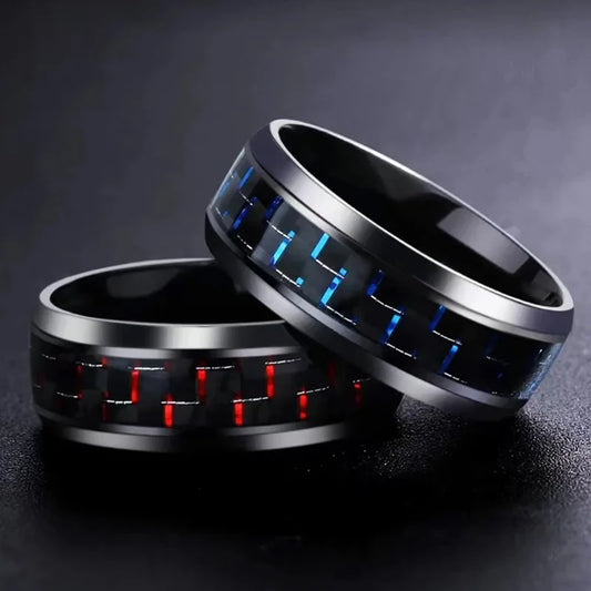 8MM Stainless Steel Black Carbon Fiber Rings Fashion Red Blue Ring Anel Masculino Men Women Cool Charm Jewelry Gifts Wholesale