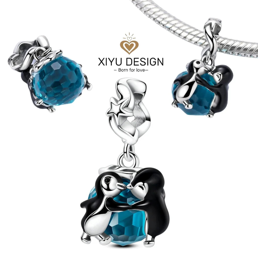 Love Pet Series Cute Blue Penguin Couples Charms Beads Fit DIY 925 Silver Bracelet Necklace Women Anniversary Jewlery Gift