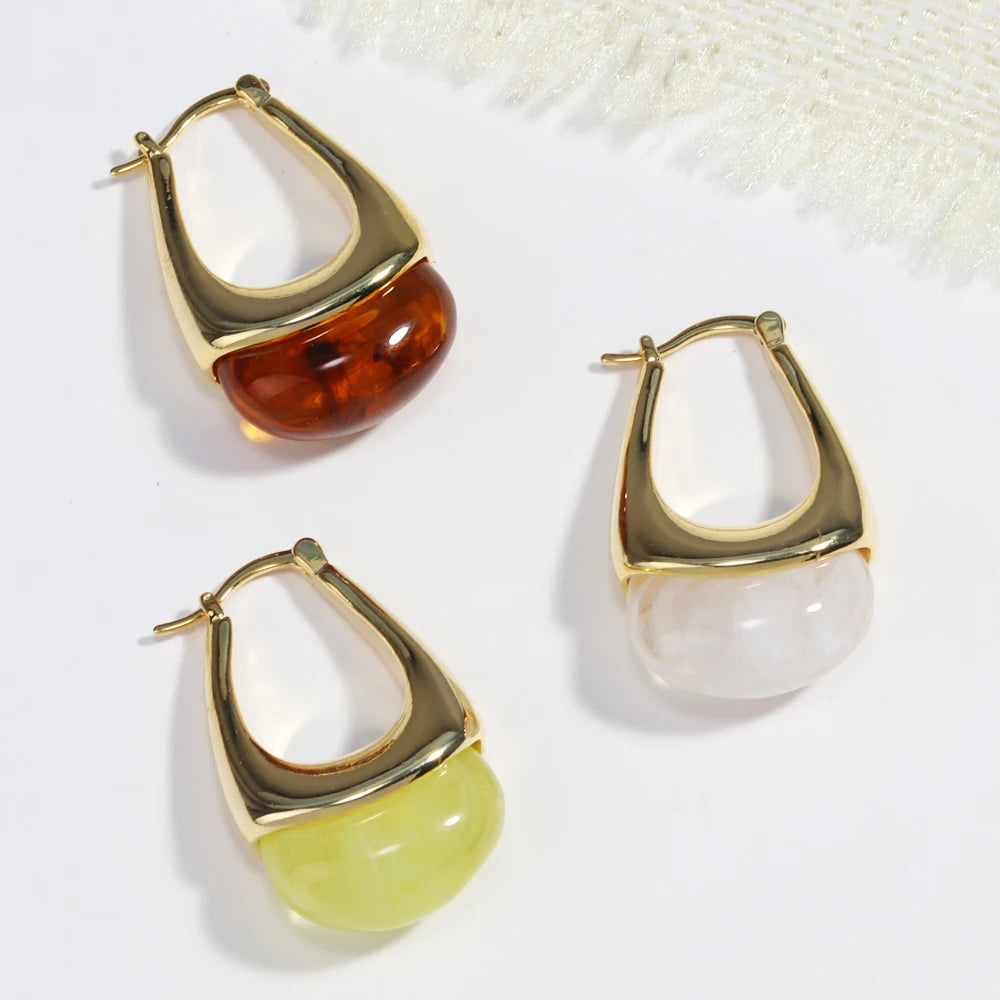 Colorful Transparent Resin Geometric Hoop Earrings for Women U Shape Ear Buckle Hoops with Natural Stone Charms Gifts