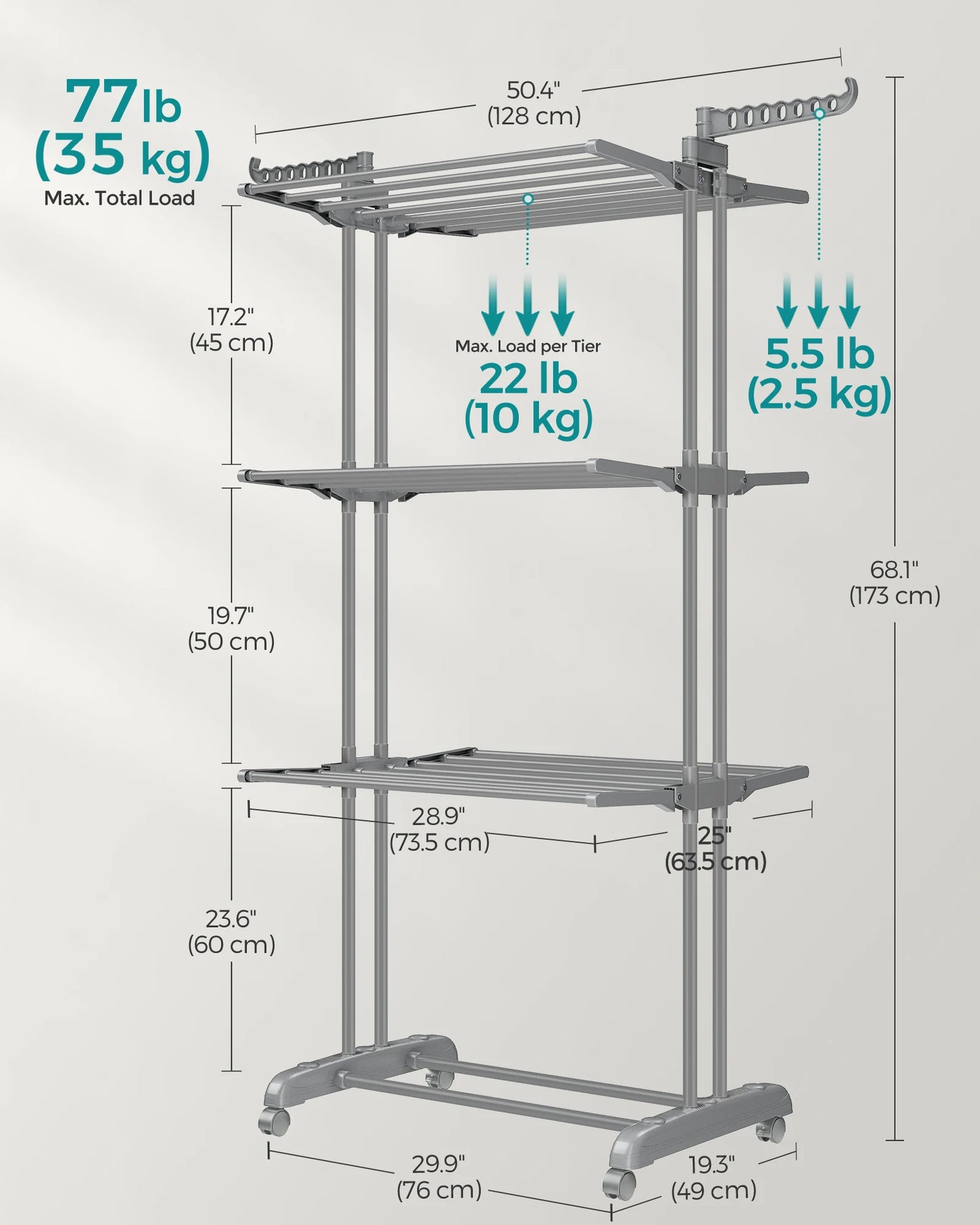 SONGMICS Large Clothes Airer, Foldable Clothes Drying Rack Laundry 4-Tier, Moveable Clothes Horse, 64 x 126 x 172 cm