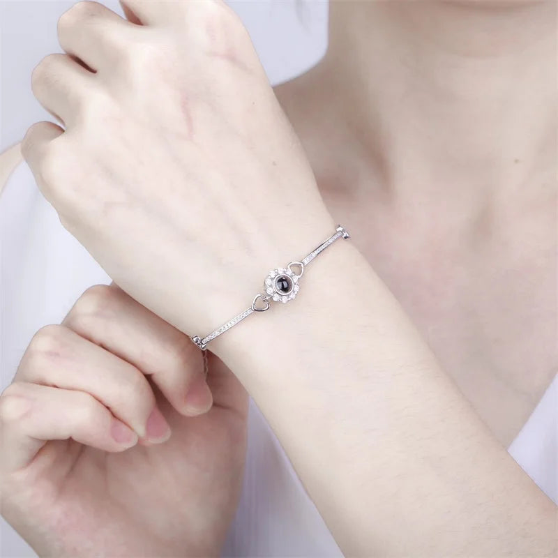 Personalized Bracelet with Picture Inside Custom Projection Heart Bangle with Photo I Love You Memorial Gifts for Women Girls