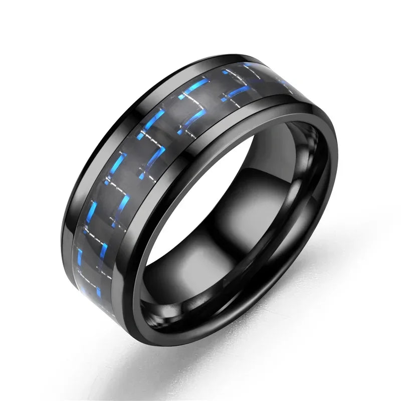 8MM Stainless Steel Black Carbon Fiber Rings Fashion Red Blue Ring Anel Masculino Men Women Cool Charm Jewelry Gifts Wholesale