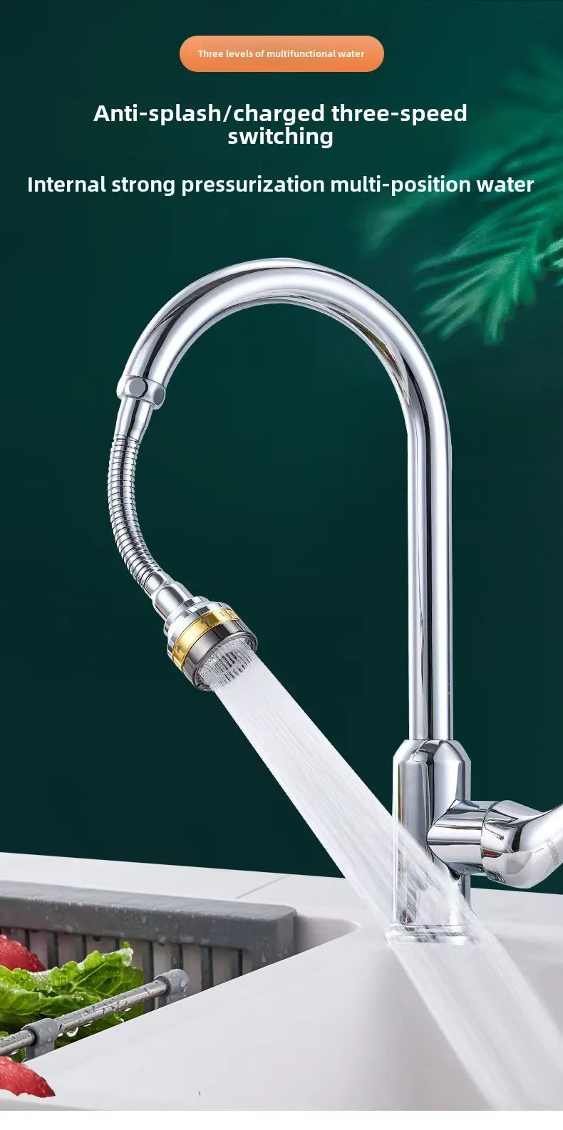 Three Levels Adjustable Brass Kitchen Faucet Aerator Extender Water Saving Anti Splash Stainless Steel Bathroom Accessories