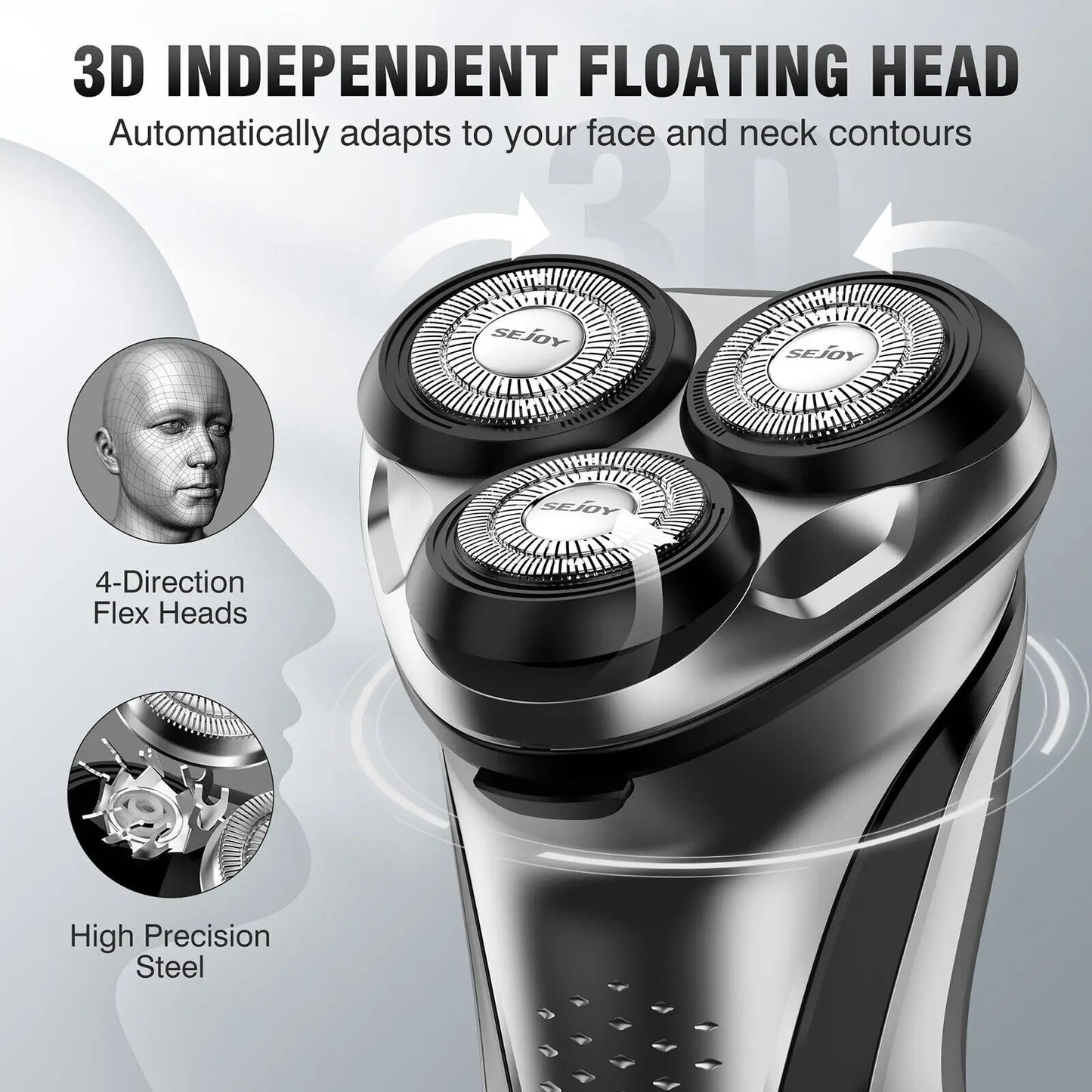 Sejoy Electric Shaver for Men 3D Floating Wet Dry Rotary Shaving Machine Rechargeable Hair Trimmer Waterproof Razor