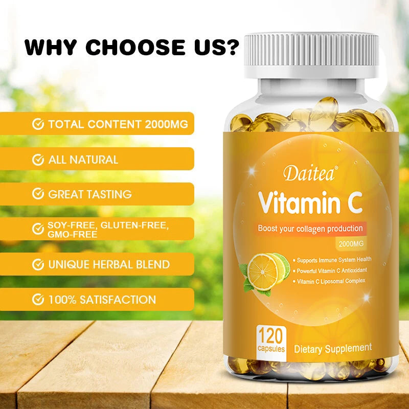 Vitamin C Capsules 2000 mg Rich In Antioxidant Helps Skin & nail and Hair Health  Immune System & Collagen Supplement